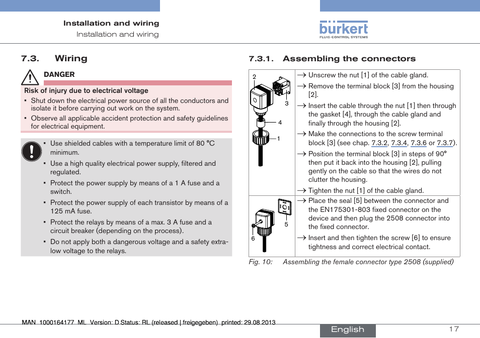 Wiring, Assembling the connectors | Burkert Type 8072 User Manual | Page 19 / 142