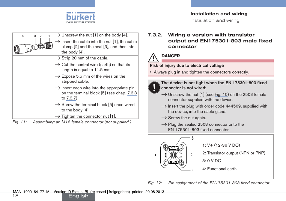 Wiring a version with transistor output and, En175301-803 male fixed connector | Burkert Type 8072 User Manual | Page 20 / 142