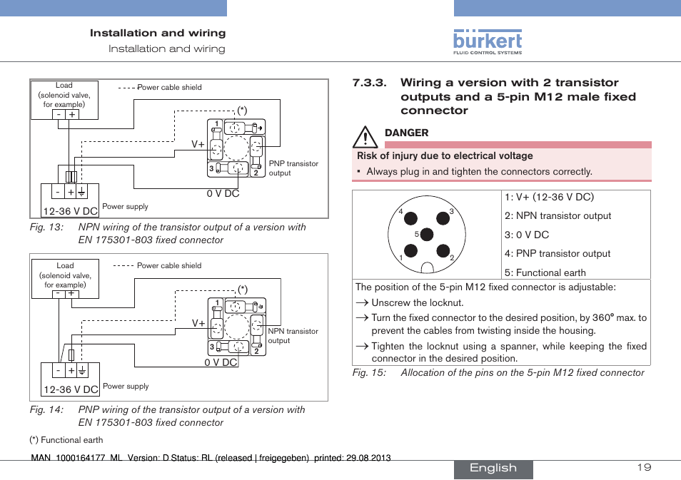 Wiring a version with 2 transistor outputs and a, Pin m12 male fixed connector | Burkert Type 8072 User Manual | Page 21 / 142