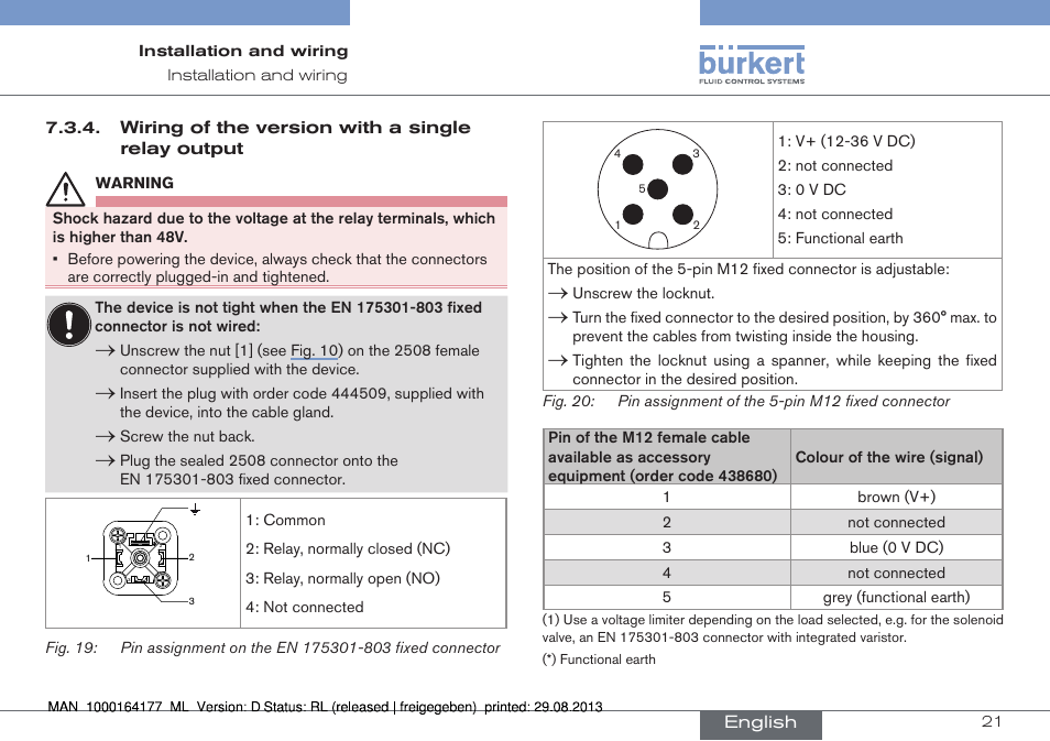 Wiring of the version with a single relay output | Burkert Type 8072 User Manual | Page 23 / 142