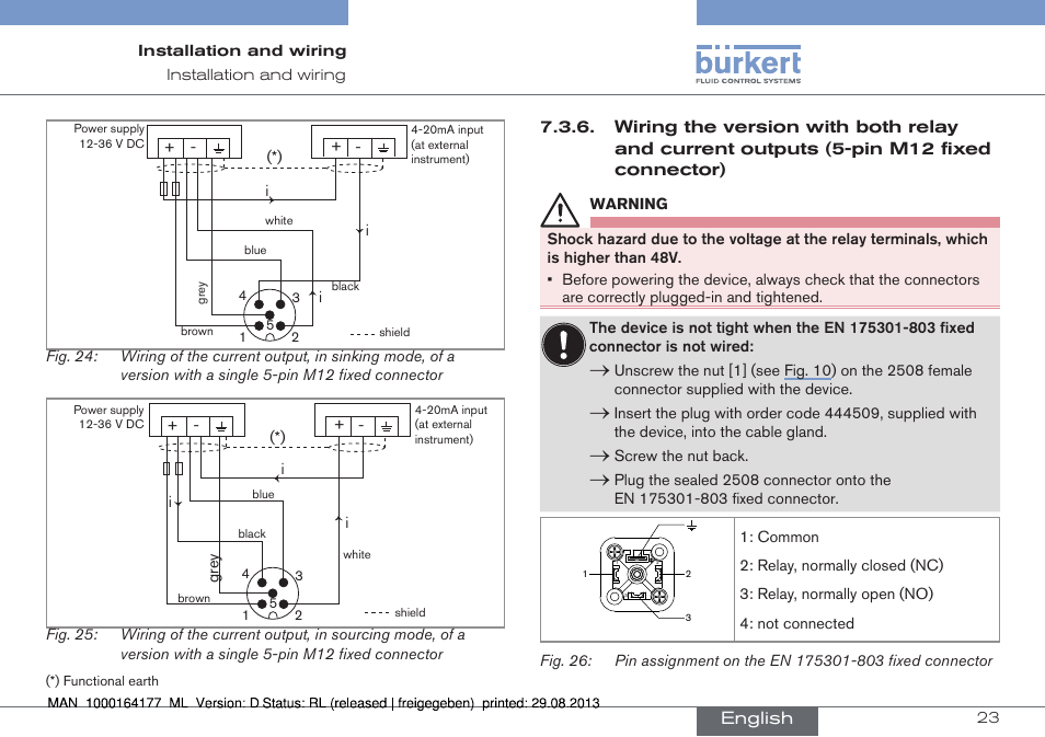 Wiring the version with both relay and current, Outputs (5-pin m12 fixed connector) | Burkert Type 8072 User Manual | Page 25 / 142