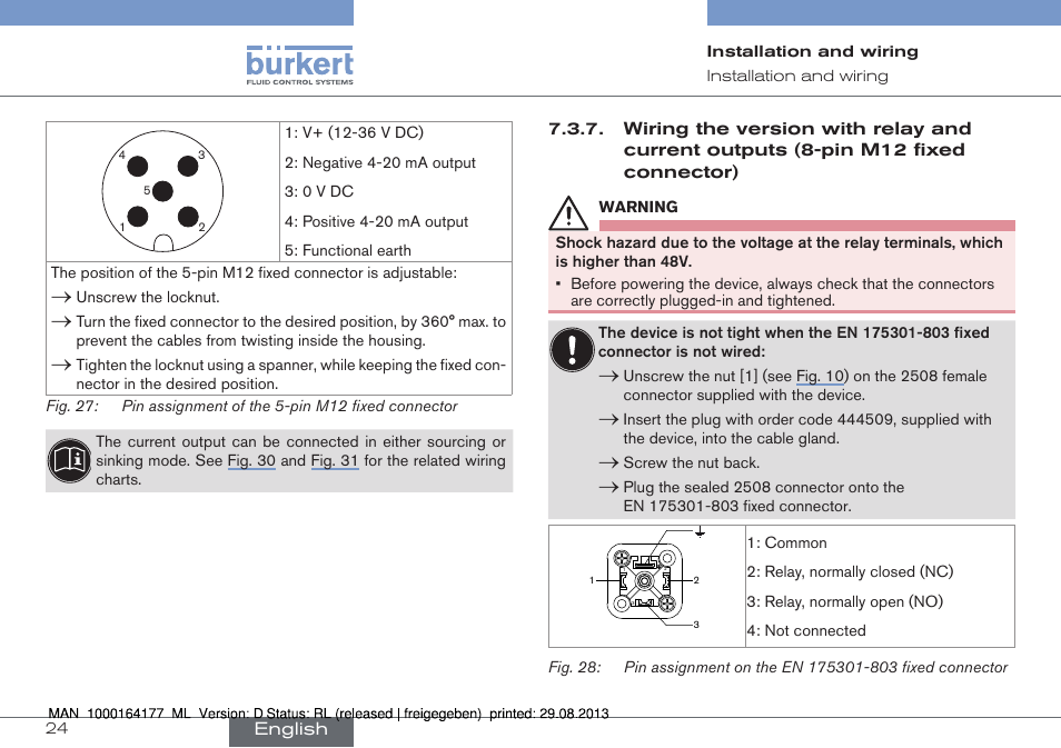 Wiring the version with relay and current out, Puts (8-pin m12 fixed connector) | Burkert Type 8072 User Manual | Page 26 / 142