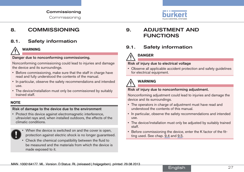 Commissioning, Safety information, Adjustment and functions | Burkert Type 8072 User Manual | Page 29 / 142