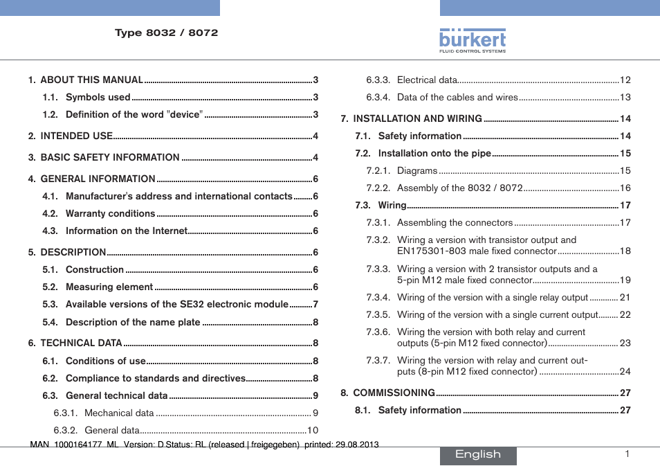 English | Burkert Type 8072 User Manual | Page 3 / 142