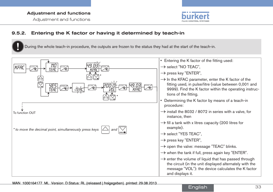 Entering the k factor or having it determined by, Teach-in, Kfac no | Burkert Type 8072 User Manual | Page 35 / 142