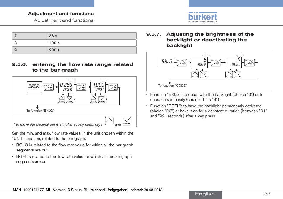 Adjusting the brightness of the backlight or, Deactivating the backlight, Brgr 0.200 | Bklg 5 | Burkert Type 8072 User Manual | Page 39 / 142
