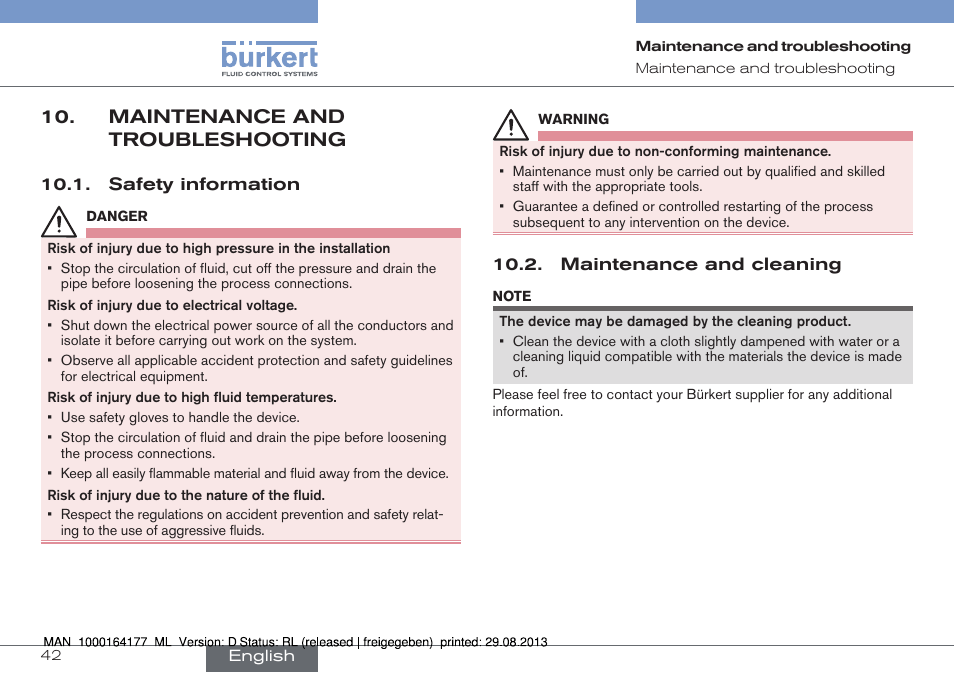 Maintenance and troubleshooting, Safety information 10.2. maintenance and cleaning | Burkert Type 8072 User Manual | Page 44 / 142