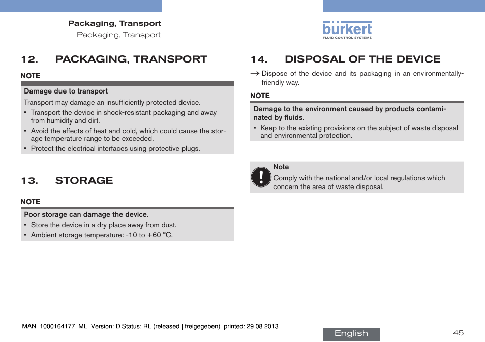 Packaging, transport, Storage, Disposal of the device | Burkert Type 8072 User Manual | Page 47 / 142