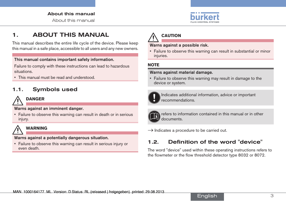 About this manual, Symbols used, Definition of the word "device | Burkert Type 8072 User Manual | Page 5 / 142