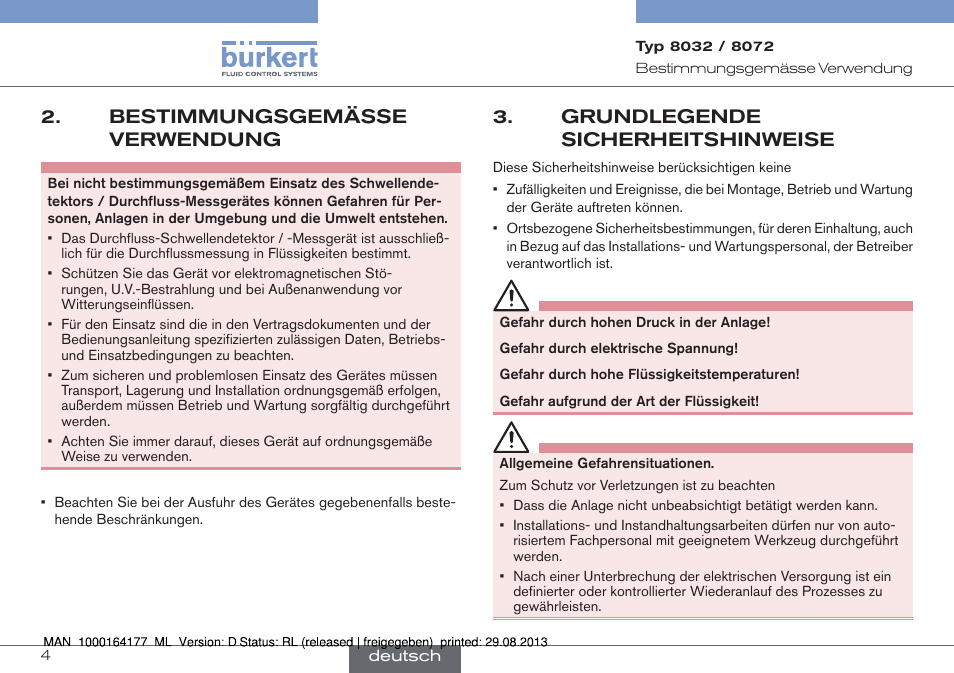 Bestimmungsgemässe verwendung, Grundlegende sicherheitshinweise | Burkert Type 8072 User Manual | Page 52 / 142