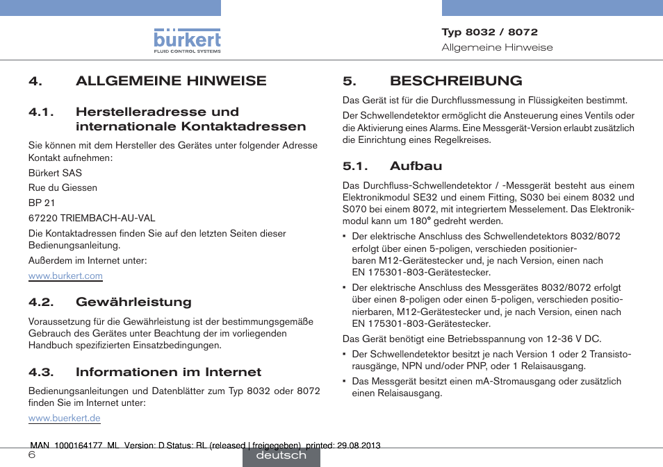 Allgemeine hinweise, Gewährleistung, Informationen im internet | Beschreibung, Aufbau | Burkert Type 8072 User Manual | Page 54 / 142