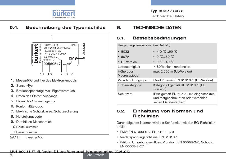 Beschreibung des typenschilds, Technische daten, Betriebsbedingungen | Einhaltung von normen und richtlinien | Burkert Type 8072 User Manual | Page 56 / 142