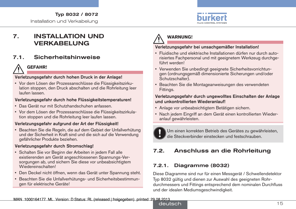 Installation und verkabelung, Sicherheitshinweise, Anschluss an die rohrleitung | Diagramme (8032) | Burkert Type 8072 User Manual | Page 63 / 142