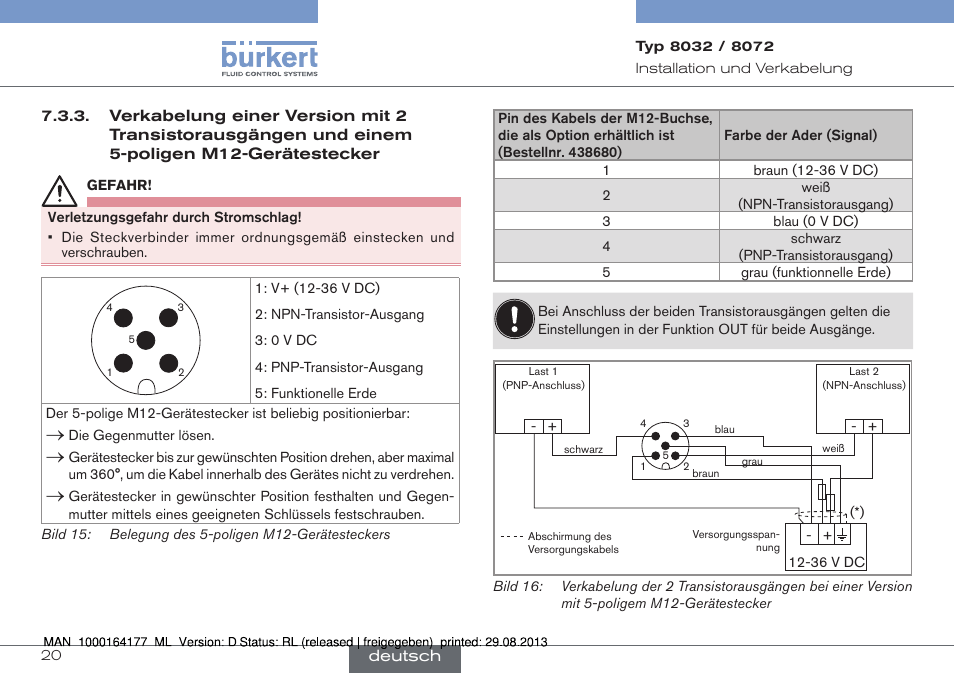 Verkabelung einer version mit 2 transistoraus, Gängen und einem 5-poligen m12-gerätestecker | Burkert Type 8072 User Manual | Page 68 / 142