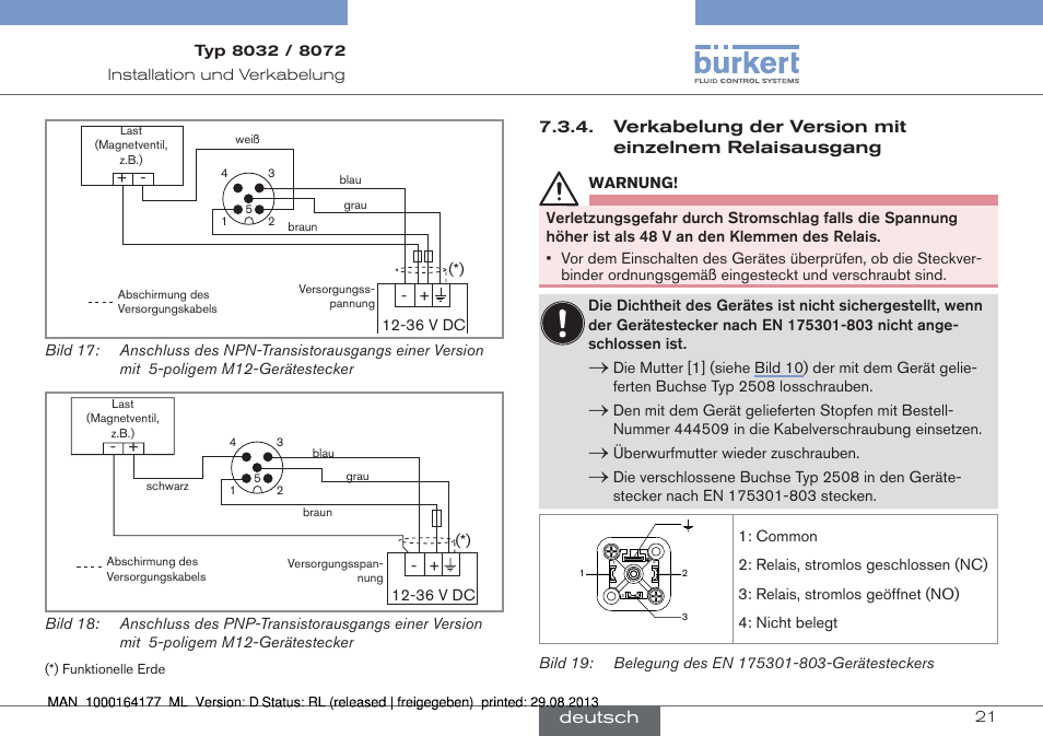 Verkabelung der version mit einzelnem relais, Ausgang | Burkert Type 8072 User Manual | Page 69 / 142