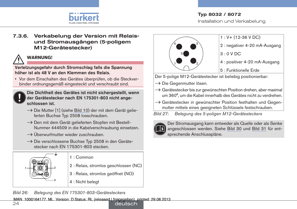 Verkabelung der version mit relais- und strom, Ausgängen (5-poligem m12-gerätestecker) | Burkert Type 8072 User Manual | Page 72 / 142