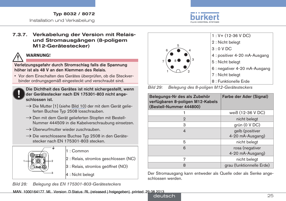 Verkabelung der version mit relais- und strom, Ausgängen (8-poligem m12-gerätestecker) | Burkert Type 8072 User Manual | Page 73 / 142