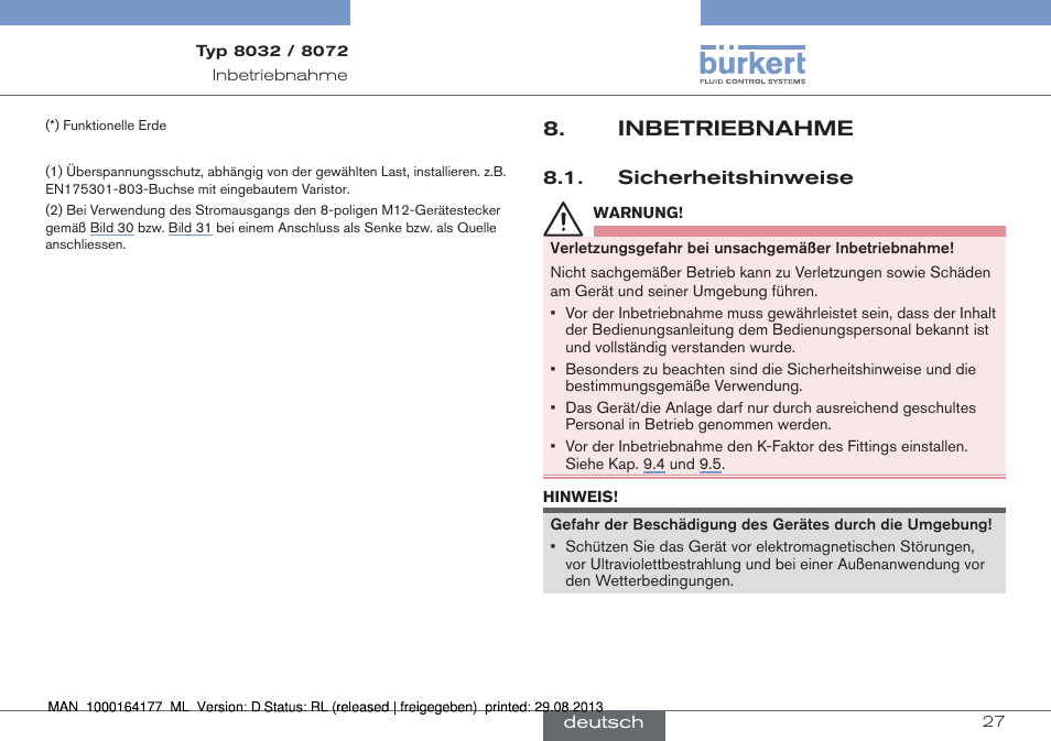 Inbetriebnahme, Sicherheitshinweise | Burkert Type 8072 User Manual | Page 75 / 142