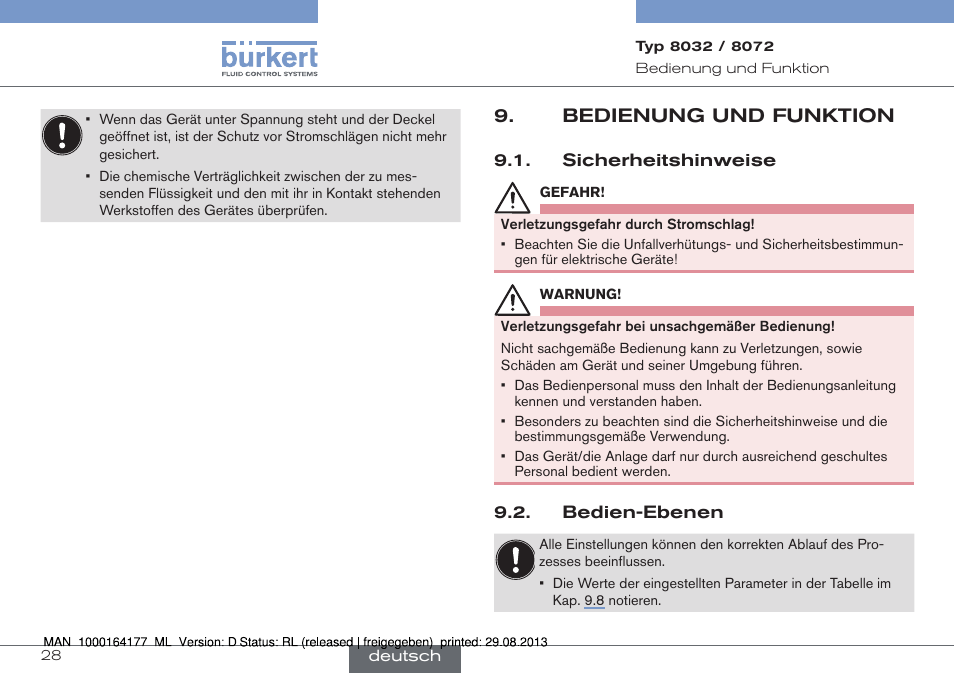 Bedienung und funktion, Sicherheitshinweise, Bedien-ebenen | Burkert Type 8072 User Manual | Page 76 / 142