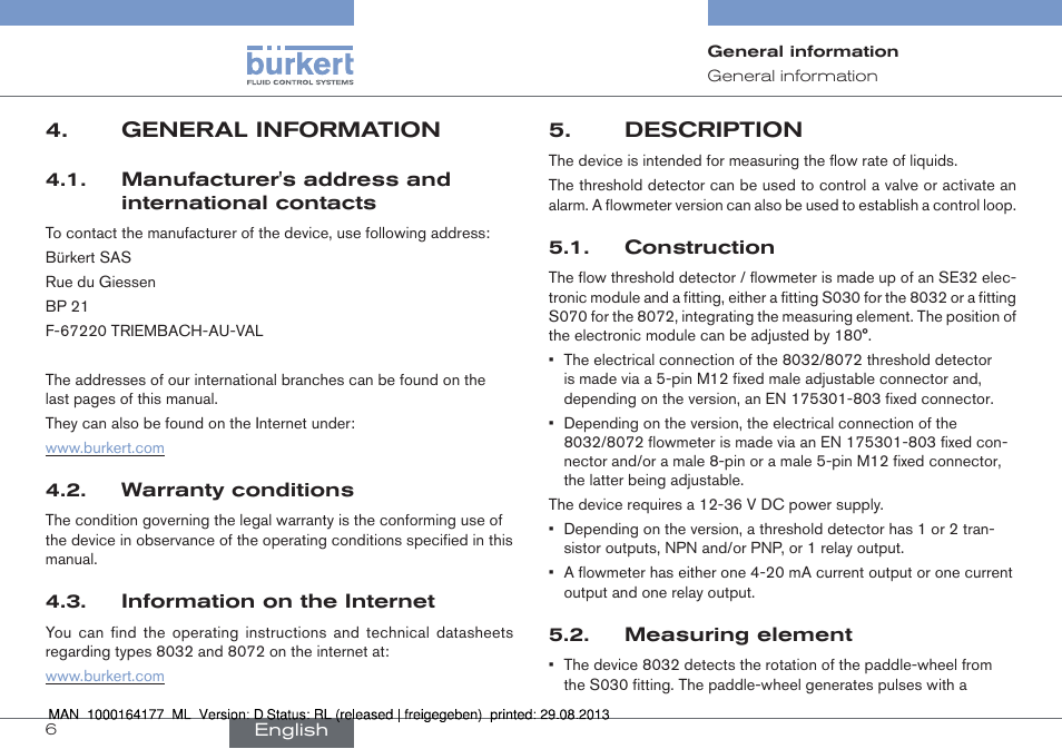 General information, Manufacturer's address and international contacts, Warranty conditions | Information on the internet, Description, Construction, Measuring element | Burkert Type 8072 User Manual | Page 8 / 142