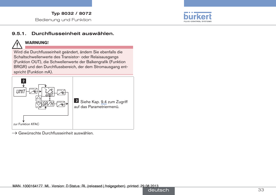 Durchflusseinheit auswählen, Unit l/s, Ga/h | Burkert Type 8072 User Manual | Page 81 / 142