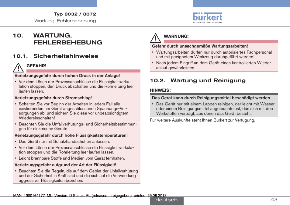 Wartung, fehlerbehebung, Sicherheitshinweise 10.2. wartung und reinigung | Burkert Type 8072 User Manual | Page 91 / 142