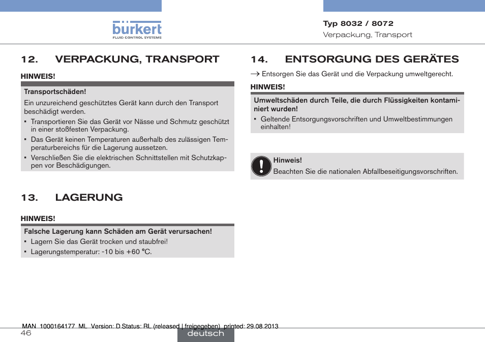 Verpackung, transport, Entsorgung des gerätes, Lagerung | Burkert Type 8072 User Manual | Page 94 / 142