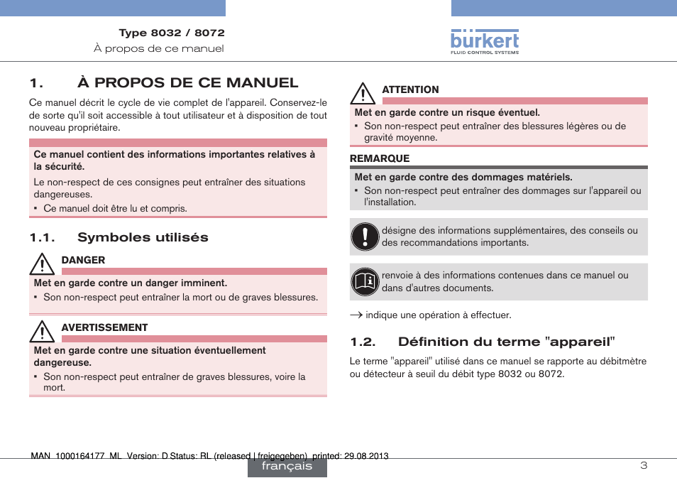 À propos de ce manuel, Symboles utilisés, Définition du terme "appareil | Burkert Type 8072 User Manual | Page 97 / 142