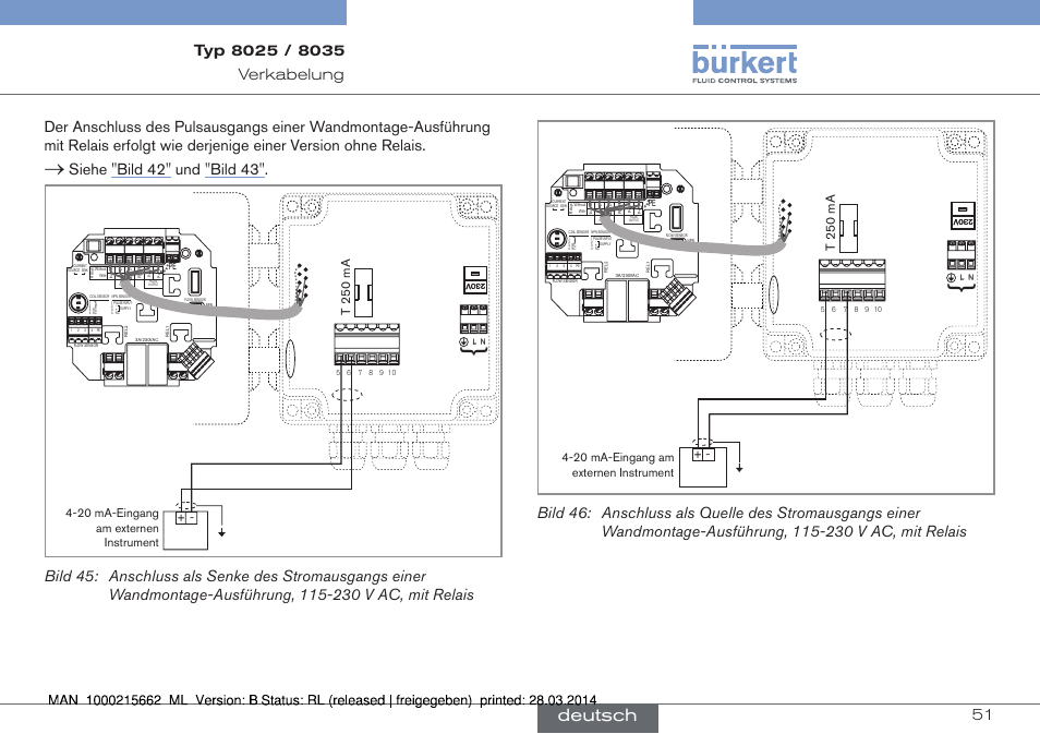 Deutsch, Siehe "bild 42" und "bild 43, T 250 ma | 20 ma-eingang am externen instrument | Burkert Type 8035 User Manual | Page 107 / 174