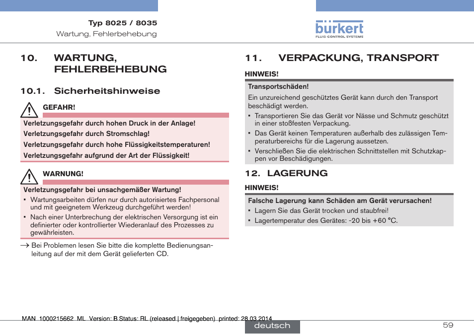 Wartung, fehlerbehebung, Verpackung, transport | Burkert Type 8035 User Manual | Page 115 / 174