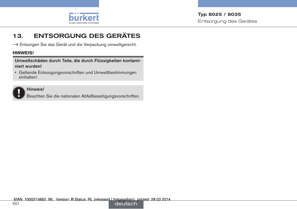 Entsorgung des gerätes | Burkert Type 8035 User Manual | Page 116 / 174