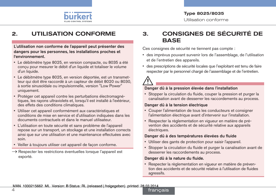 Utilisation conforme, Consignes de sécurité de base | Burkert Type 8035 User Manual | Page 120 / 174