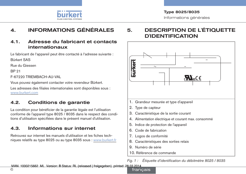 Informations générales, Description de l'étiquette d'identification | Burkert Type 8035 User Manual | Page 122 / 174