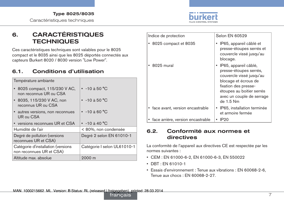 Caractéristiques techniques | Burkert Type 8035 User Manual | Page 123 / 174