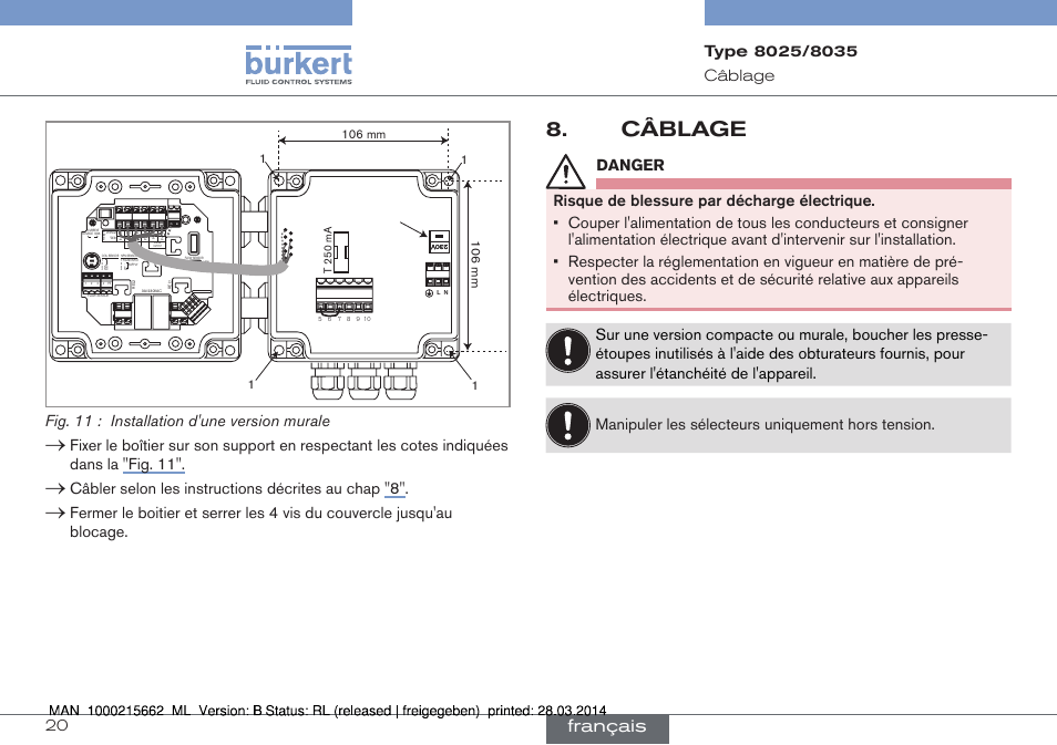 Câblage, Français, Fig. 11 : installation d'une version murale | Câbler selon les instructions décrites au chap 