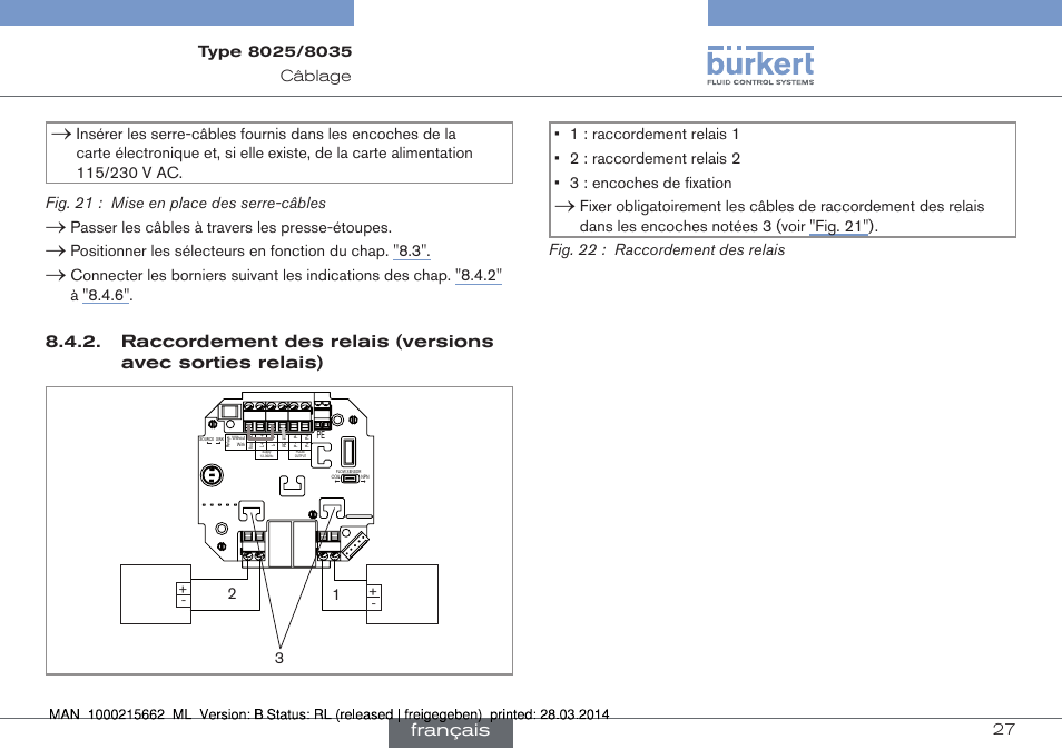 Français, Passer les câbles à travers les presse-étoupes | Burkert Type 8035 User Manual | Page 143 / 174