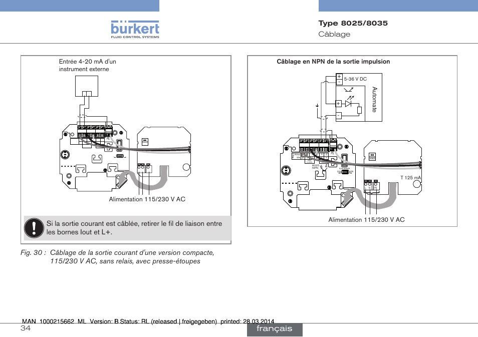 Ma (voir "fig. 30"), Français, Câblage en npn de la sortie impulsion | Burkert Type 8035 User Manual | Page 150 / 174