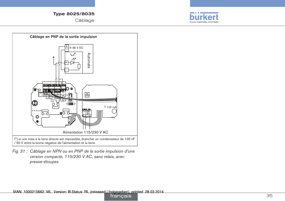 Français, Câblage en pnp de la sortie impulsion | Burkert Type 8035 User Manual | Page 151 / 174