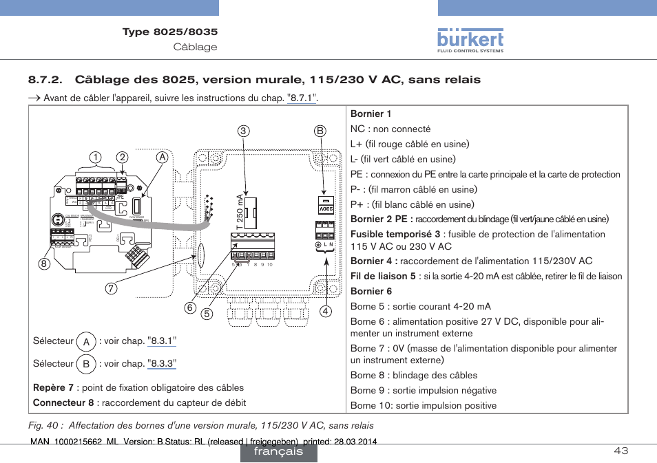 Selon les chap. "8.7.2" ou "8.7.3, Français, T 250 ma | Burkert Type 8035 User Manual | Page 159 / 174