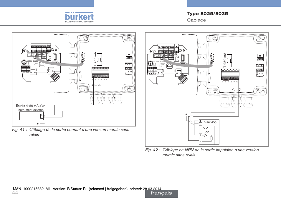 Français, T 250 ma, Entrée 4-20 ma d'un instrument externe | 36 vdc | Burkert Type 8035 User Manual | Page 160 / 174