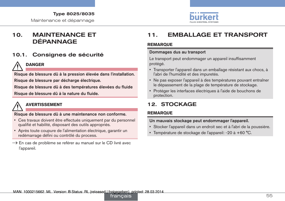 Maintenance et dépannage, Emballage et transport | Burkert Type 8035 User Manual | Page 171 / 174