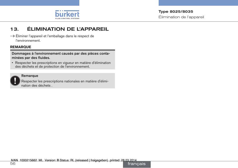 Élimination de l’appareil | Burkert Type 8035 User Manual | Page 172 / 174