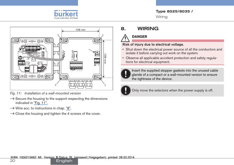 Wiring, English, Fig. 11: installation of a wall-mounted version | Wire acc. to instructions in chap. "8 | Burkert Type 8035 User Manual | Page 20 / 174