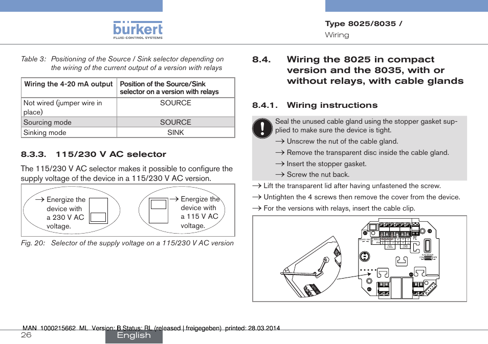 Wiring instructions, English | Burkert Type 8035 User Manual | Page 26 / 174