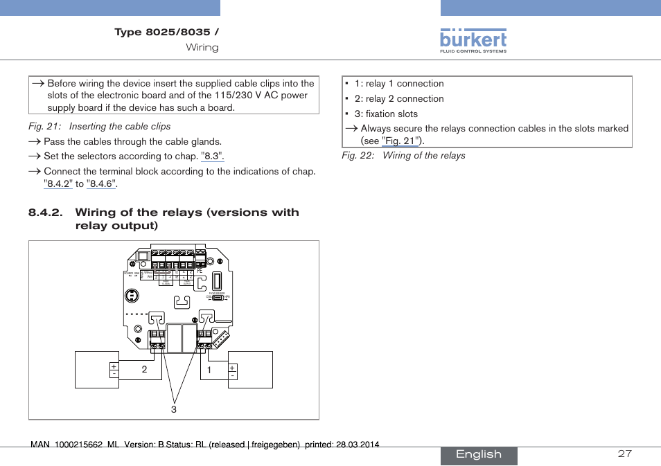 Wiring of the relays (versions with relay output), English, Pass the cables through the cable glands | Set the selectors according to chap. "8.3 | Burkert Type 8035 User Manual | Page 27 / 174