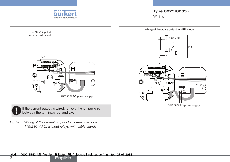 Ma output easier (see "fig. 30"), English, Wiring of the pulse output in npn mode | Burkert Type 8035 User Manual | Page 34 / 174