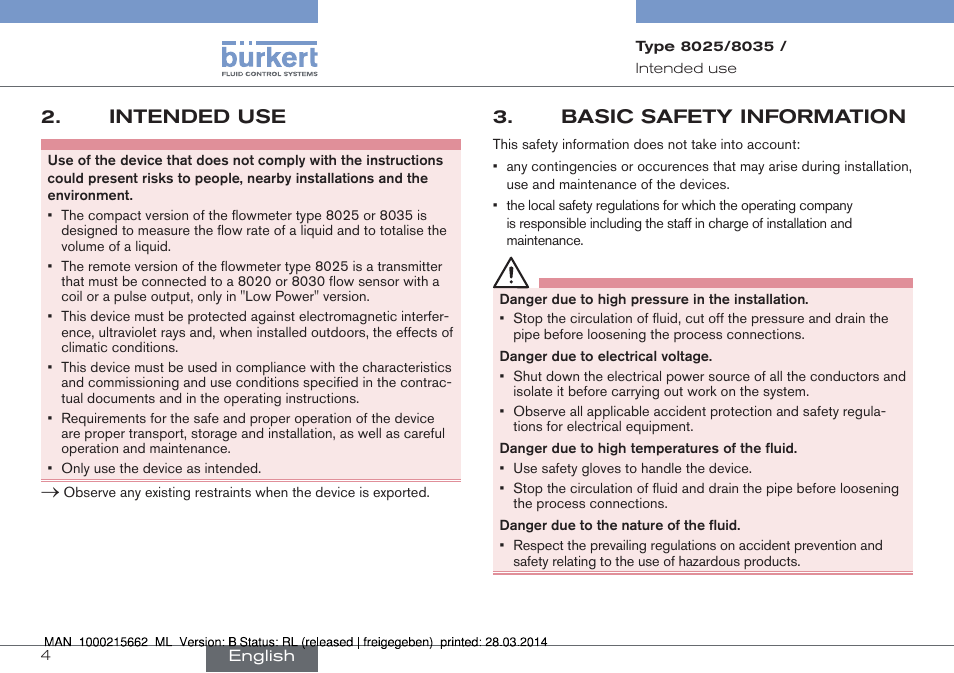 Intended use, Basic safety information | Burkert Type 8035 User Manual | Page 4 / 174