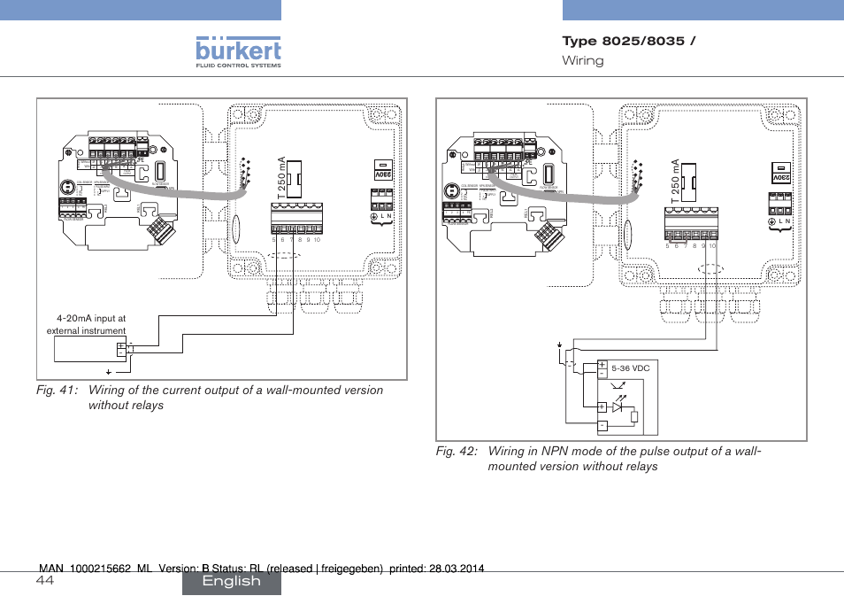 English, T 250 ma, 20ma input at external instrument | 36 vdc | Burkert Type 8035 User Manual | Page 44 / 174