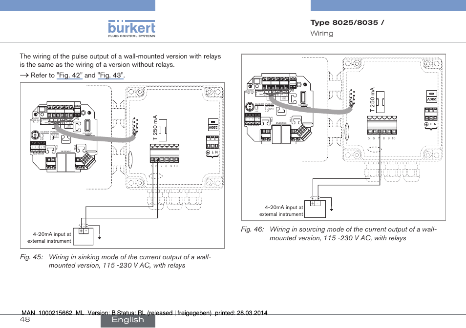 English, Refer to "fig. 42" and "fig. 43, T 250 ma | 20ma input at external instrument | Burkert Type 8035 User Manual | Page 48 / 174