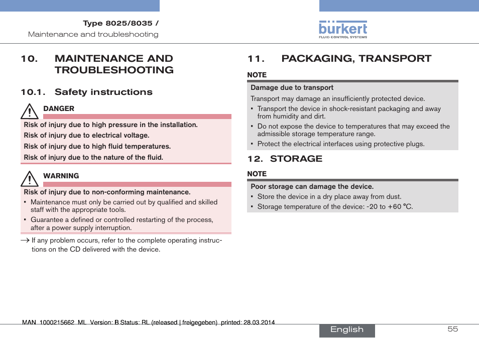 Maintenance and troubleshooting, Packaging, transport | Burkert Type 8035 User Manual | Page 55 / 174